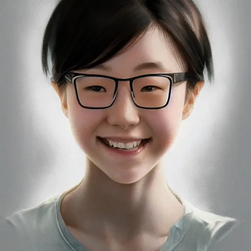 Prompt: a cute fourteen year old japanese girl, mischievous smile, freckles!!!, glasses, fully clothed, highly detailed, digital painting, artstation, concept art, sharp focus, illustration, cinematic lighting, art by artgerm and greg rutkowski and alphonse mucha