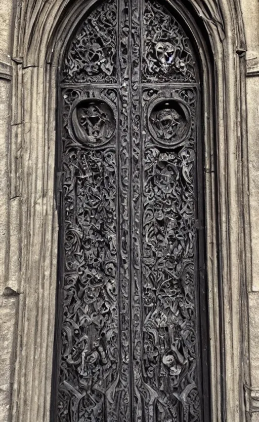 Image similar to door with carved sinister face head. cast iron. gothic medieval baroque. symmetry. epic. ominous shapes. hyper detailed. photoreal