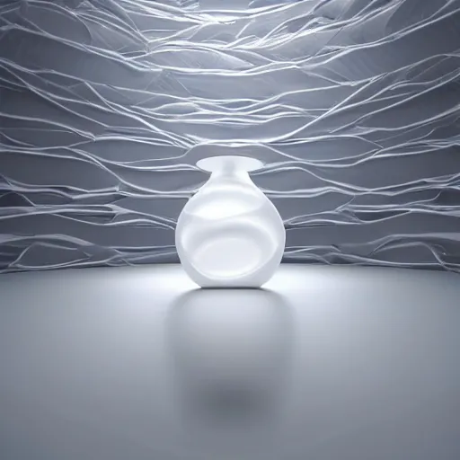 Image similar to perfume bottle on a white zen clean modern minimalist white counter in front of large circular portal with ocean view, frozen and covered in ice, by peter tarka in an ivory room well contoured smooth fair walls, zaha hadid octane highly render, 4 k, ultra hd,