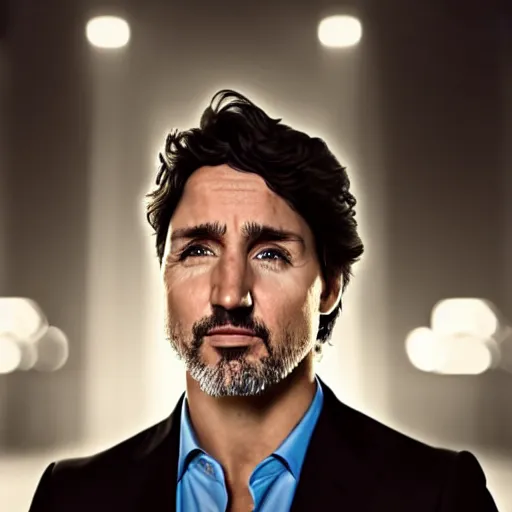 Prompt: a close still of Justin Trudeau. He's wearing a suit and sunglasses, dark. Studio lighting, shallow depth of field. Professional photography City at night in background, lights, colors,4K