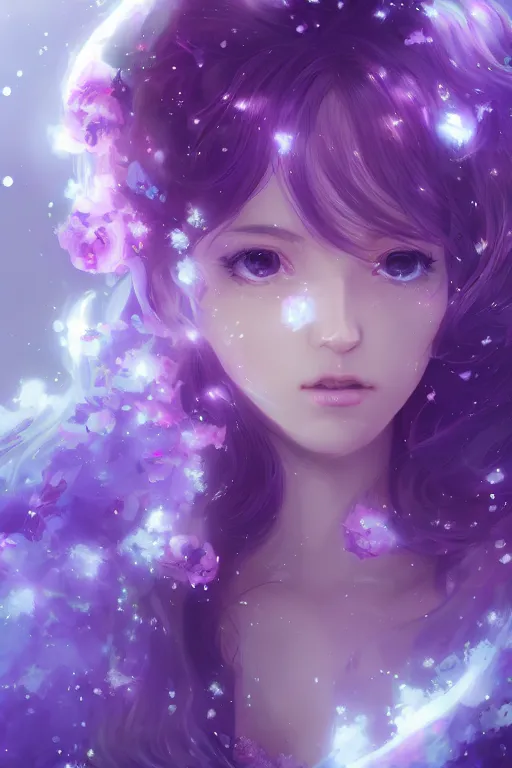 Prompt: 4k detailed portrait of a beautiful intimate woman with long purple cosmic hair and a beautiful flower dress covered in stars, by Ross Tran and Kuvshinov Ilya Anime, volumetric lighting, trending on artstation