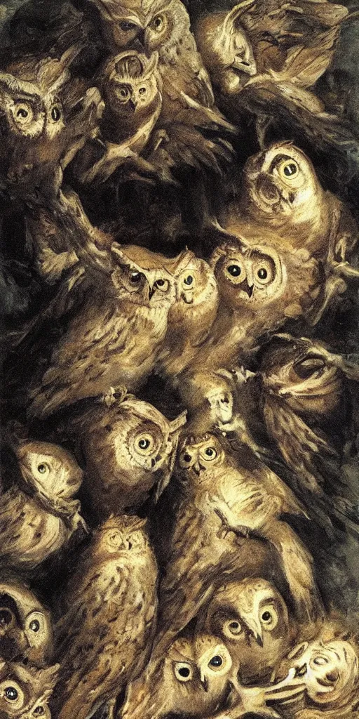 Prompt: a painting of owls singing nightmares in the ear of sleeping maidens, by goya, by austin osmanspare, detailed oil painting, baroque