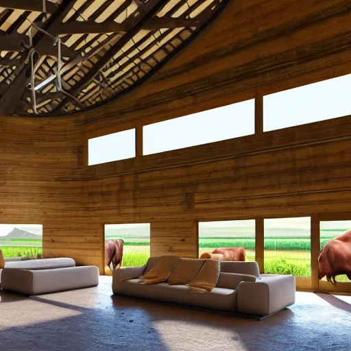 Image similar to interior view of modern futuristic farm barn architecture, cows laying down on sofas and pigs and chickens sitting in lounge chairs, modern interior design, throw pillows, areas rugs, feed troughs, hay, detailed luminescent oil painting 4 k