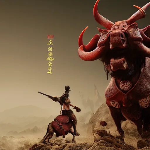 Prompt: The Chinese Zodiac sign of ox warrior, traditional Chinese textures, hyper detail, Unreal engine,Octane render, by Brooke Shaden and Victo Ngai