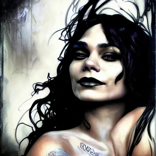 Image similar to beautiful portrait of vanessa hudgens as death from sandman, smiling, by cedric peyravernay, alphonse mucha, by jeremy mann, by lecouffe deharme, goth chic, soft lightning, eyeliner, punk rock, high detailed, 8 k