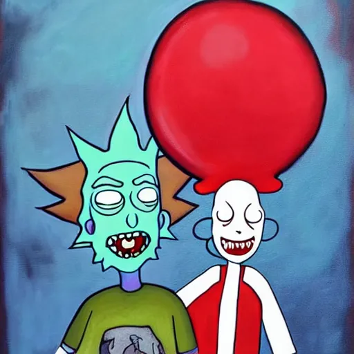 Image similar to grunge painting of rick from rick and morty with a wide smile and a red balloon by chris leib, loony toons style, pennywise style, corpse bride style, horror theme, detailed, elegant, intricate