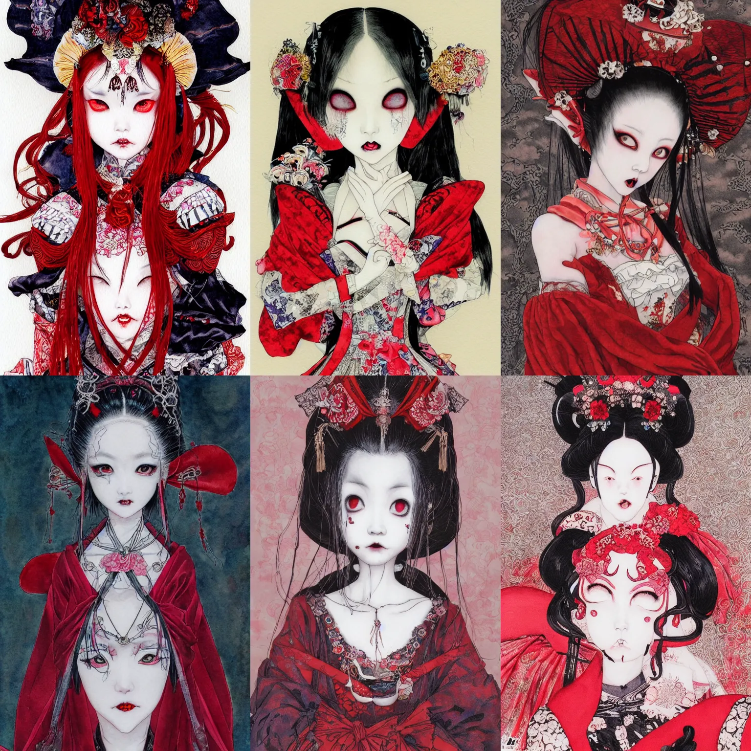 Prompt: watercolor painting of an avant - garde japanese bjd geisha vampire queen in a victorian lolita fashion red dress in the style of lovecraftian horror painted by yoshitaka amano, takato yamamoto, ayami kojima, dmt art, symmetrical vogue face portrait, intricate detail, artstation, cgsociety, artgerm, rococo