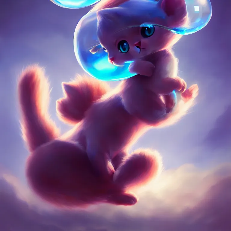 Image similar to cinematic portrait of cute Mew riding large blue bubble, oil on canvas, masterpiece, trending on artstation, featured on pixiv, cinematic composition, dramatic pose, beautiful lighting, sharp, details, hyper-detailed, HD, HDR, 4K, 8K