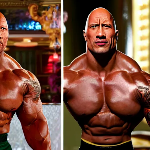 Prompt: Dwayne Johnson flexing his muscels in front of the queen of england in a bar, full body, photorealistic, 4k