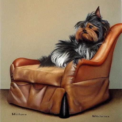 Prompt: an old happy brown and gray Yorkshire terrier dog lounging in a leather chair, long hair, extremely detailed masterpiece, illustration, by Michael Sowa,