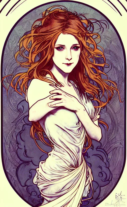 Image similar to in the style of artgerm, arthur rackham, alphonse mucha, evan rachel wood, symmetrical eyes, symmetrical face, flowing white dress, hair blowing, full body, intricate filagree, warm colors, cool offset colors