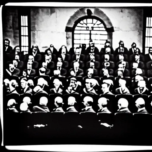 Image similar to The minions at the Nuremberg trials, monochrome, very low contrast, noise