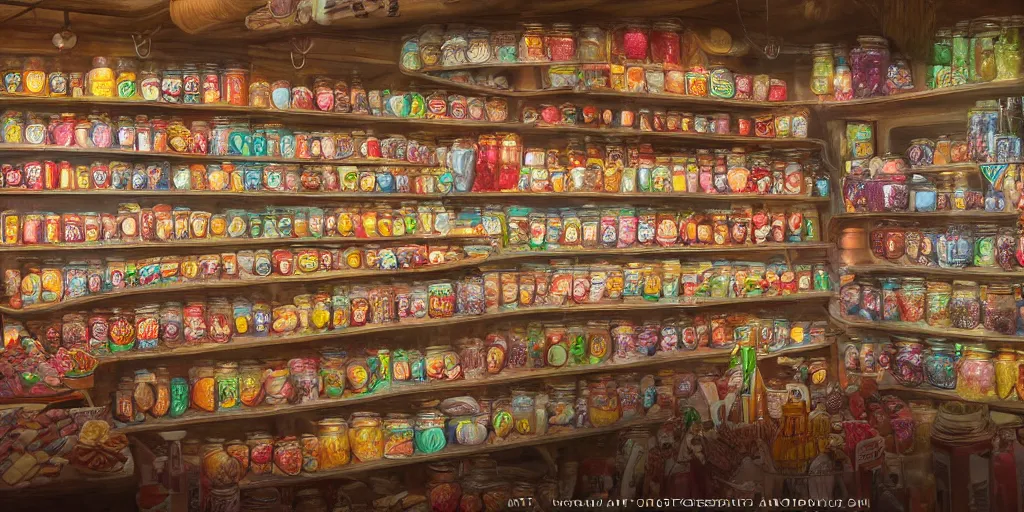 Image similar to Inside an old sweet shop, large jars on shelves, beautiful labels, fantasy vendor interior, wide angle, cinematic, highly detailed, photorealistic, rich bright colors, trending on artstation