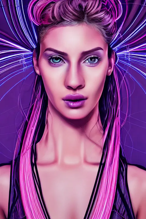 Image similar to a award winning half body portrait of a beautiful woman with stunning eyes in a croptop and cargo pants with ombre purple pink teal hairstyle and hands in pockets by thomas danthony, surrounded by whirling illuminated lines, outrun, vaporware, shaded flat illustration, digital art, trending on artstation, highly detailed, fine detail, intricate