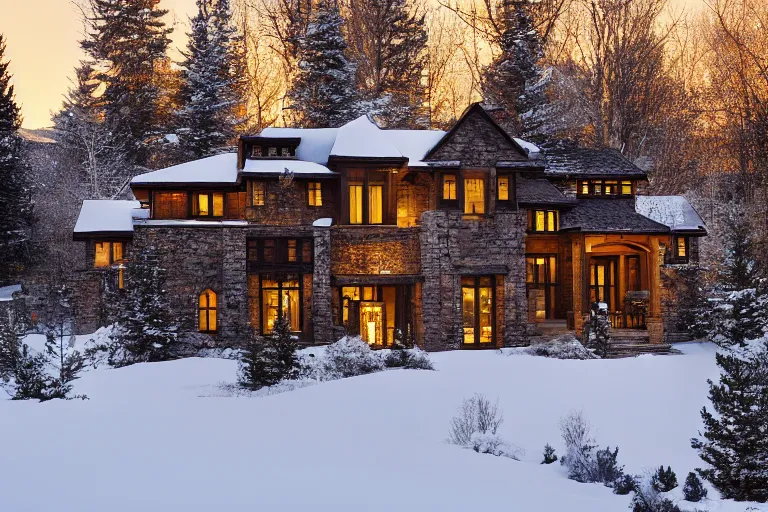 Image similar to a beautiful modern stone mansion in Aspen, golden hour, gentle snow, sunbeams, volumetric lighting, by Emmanuel Lubezki