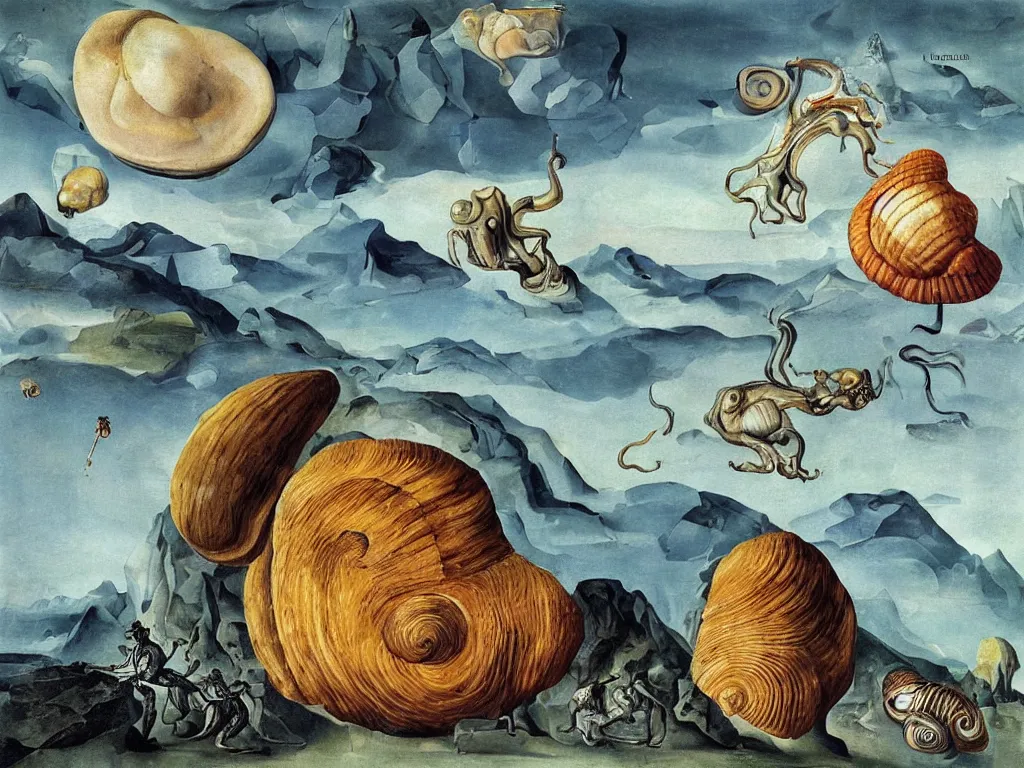 Image similar to Man riding a giant strange snail-like creature an icy alien planet. Giant seashells rocks, mountains. Iridescent insects. Painting by Lucas Cranach, Salvador Dali