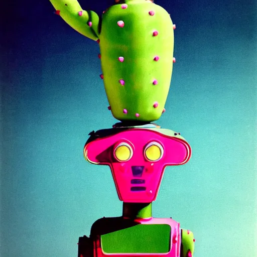 Image similar to a 1950s retro 3D Cactus robot, with space above the head. Bionic cacti Arms and eyes. subject in shot pop surrealism muted colours. pink background. by Jean-Baptiste Monge, wide shot, depth of field