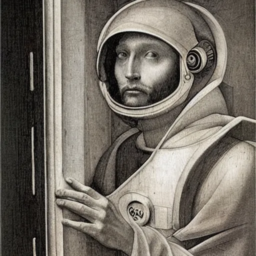 Prompt: photo - realism, space astronaut opening door that shows space and time like jesus christ portrait created by leonardo davinci with extra detail, epic, perfection.