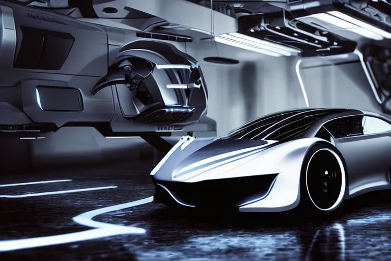 Image similar to cyberpunk alien concept inspired sports car, futuristic look, highly detailed body, very expensive, photorealistic camera shot, bright studio setting, studio lighting, crisp quality and light reflections, unreal engine 5 quality render