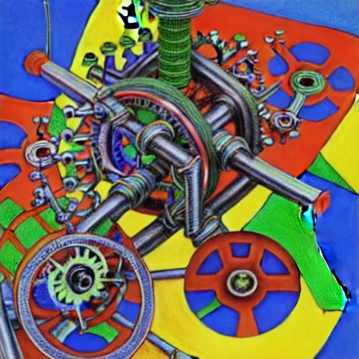 Image similar to a complicated time travel machine engine contraption with sprockets springs cranks cylinders hoses pistons, high detail, intricate abstract, detailed abstract, isometric, optical illusion, cubism, color pencil, bright colors, vivid colors, hyper detailed, high resolution, artstation, created by M.C. Escher