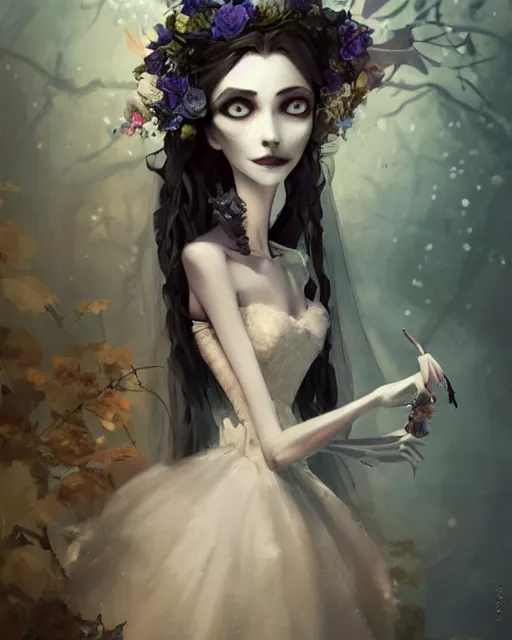 Image similar to elegant mysterious solemn zombie victoria everglot from the corpse bride, portrait, illustration, rim light, top light, summer clear blue sky, perfectly shaded, soft painting, art by krenz cushart and wenjun lin