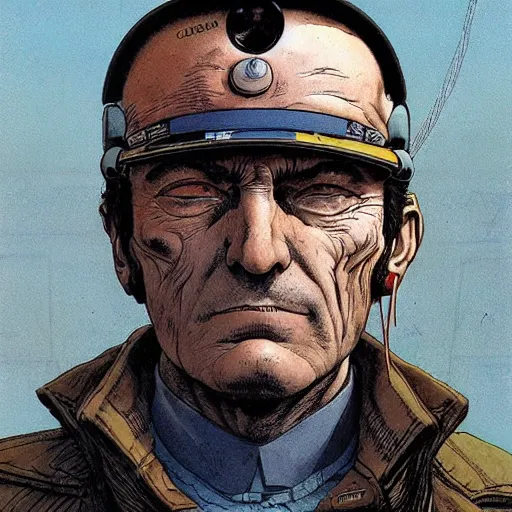 Image similar to Digital portrait of lieutenant Columbo by Enki bilal and Moebius and francois Schuiten, cyberpunk, impressive perspective, aesthetic, masterpiece