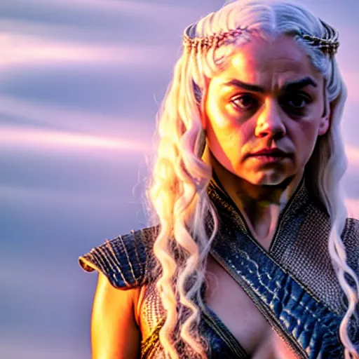 Image similar to mila kunis as daenerys targaryen, golden hour, cinematic