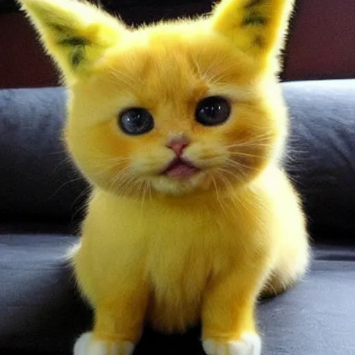 Prompt: cat that looks like Pikachu, cute, yellow fur, yellow fur,
