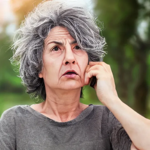 Image similar to astonished and angry middle aged lady looking at smartphone, wild hair, greek ethnicity, straight grey hair, angry eyes, photo, realistic, outdoor lighting, 4 k, 8 k, hd, 3 9 mm lens