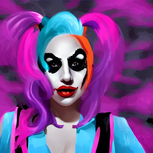 Prompt: Lady Gaga as Harley Quinn, digital painting