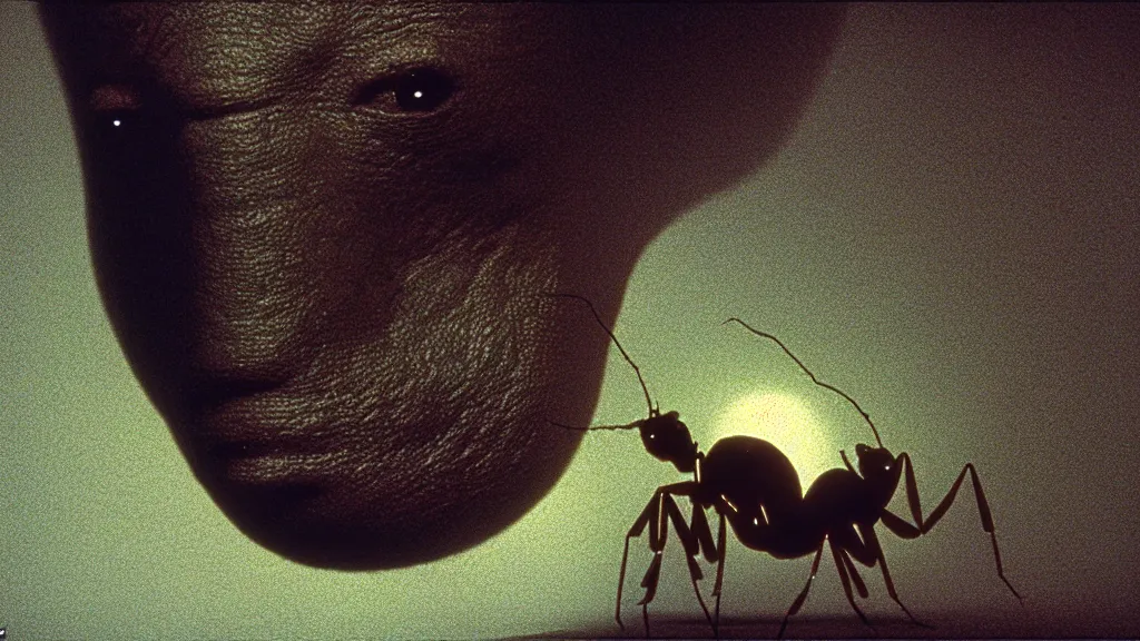 Prompt: the giant head of an ant in the living room, film still from the movie directed by Denis Villeneuve with art direction by Zdzisław Beksiński, wide lens