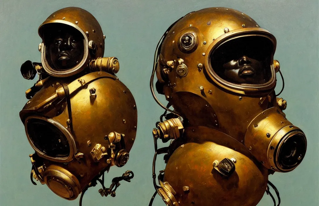 Prompt: portrait of deep sea diver helmet, the notorious b. i. g.!!!!!!!!!!!!!!!!!!!!!!!!!!!, detailed face, detailed painting, epic lighting, by ilya repin, phil hale and kent williams