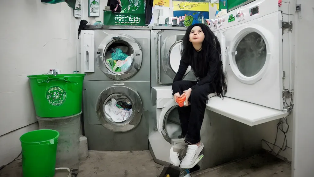 Image similar to a girl with green hair sitting on top of a washing machine in a laundromat in the style of Tsuguharu Fujita