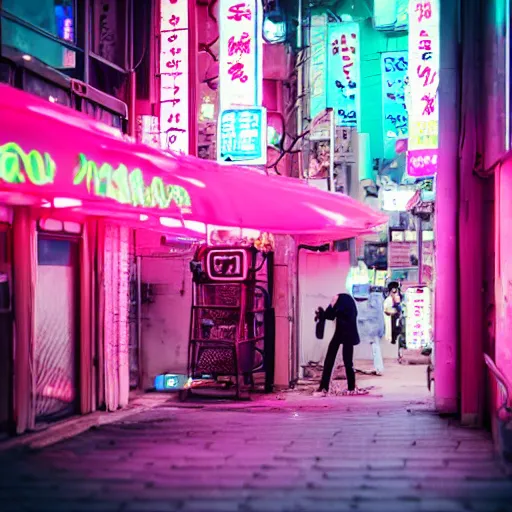 Image similar to capybara drinking bubble tea in cyberpunk, neon, pink and cyan seoul, detailed, street photography