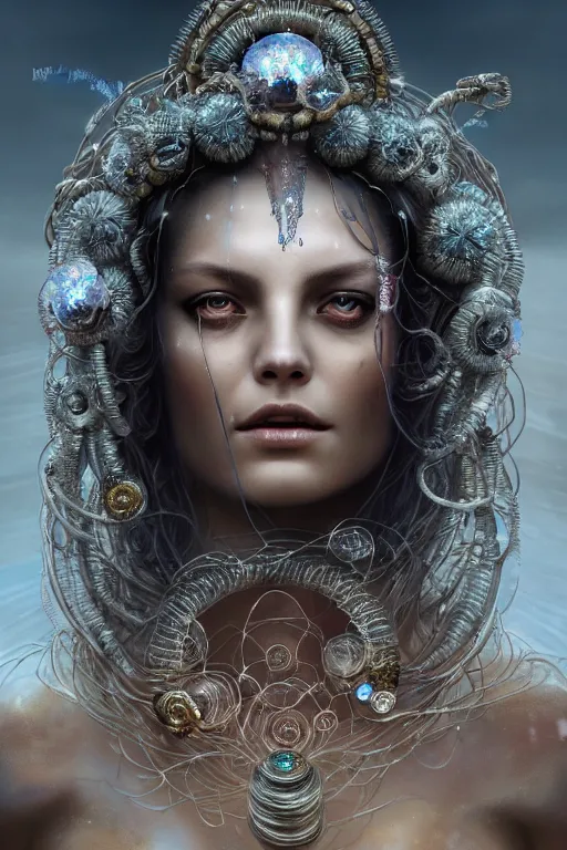 Image similar to a centered render of an alluring post apocalyptic goddess with wearing ornate silver and gemstones and crystal clothing surrounded by flowing liquid gallium jellyfish and sacred geometry, perfect body and face, gorgeous, cinematic, beautifully lit, by tomasz alen kopera and peter mohrbacher and craig mullins, rich colour, 3 d, trending on artstation, octane render, 8 k