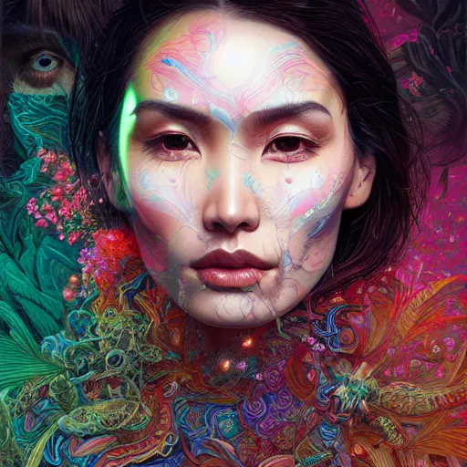 Image similar to portrait of gemma chan, hyper detailed masterpiece, neon floral pattern, jean giraud, digital art painting, darkwave goth aesthetic, psychedelic, artgerm, donato giancola and tom bagshaw