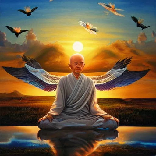 Prompt: Thich Naht Hanh with wings, flapping its wings flying in sunset sky, oil on canvas, portrait, intricate, 8k highly professionally detailed, HDR, CGsociety