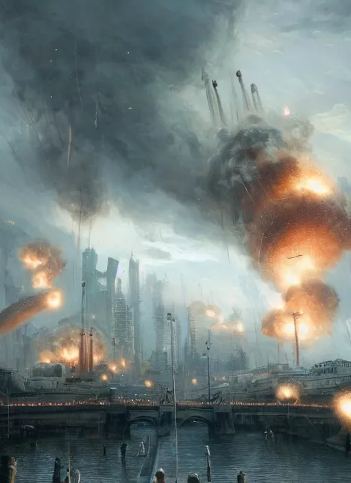 Prompt: hyper realistic giant fluffy siamese cat attacking moscow city harbor explosions, atomic bombs, atmospheric beautiful details, strong composition painted by kim jung giu weta studio rutkowski, james gurney and greg rutkowski, and lucasfilm