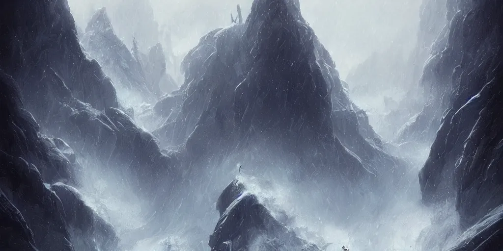 Image similar to A violent winter storm over the mountains, fork lightning, magical, foreboding and epic, digital art by Greg Rutkowski and Studio Ghibli