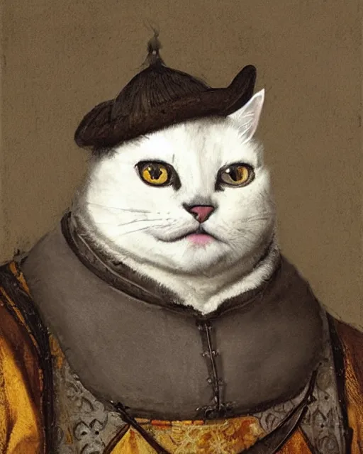 Prompt: cute jolly fat gray cat with yellow eyes wearing tudor period menswear, 1 6 th century royal portrait, greg rutkowski