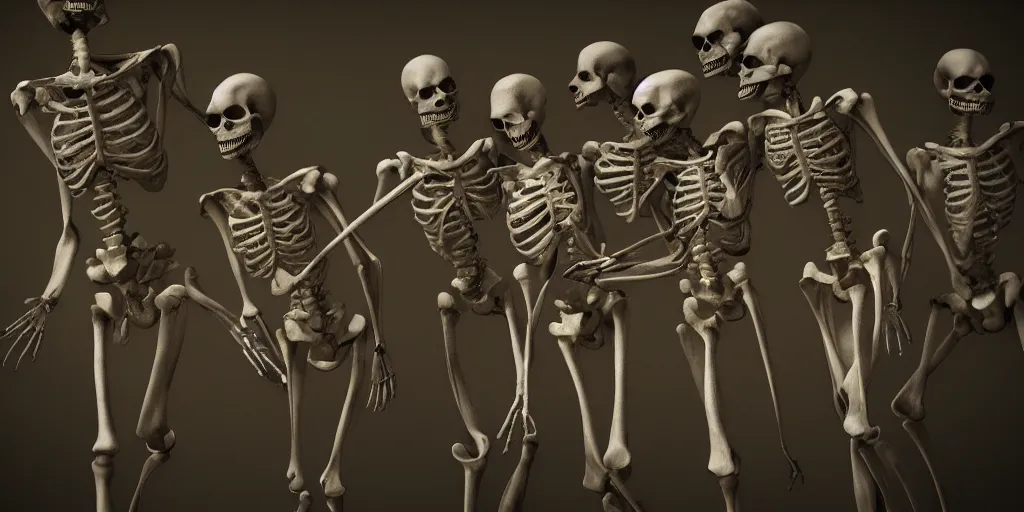 Prompt: realistic skeletons holding each other in fear for their lives, dimly lit underground wide angle view, chaos v-ray render