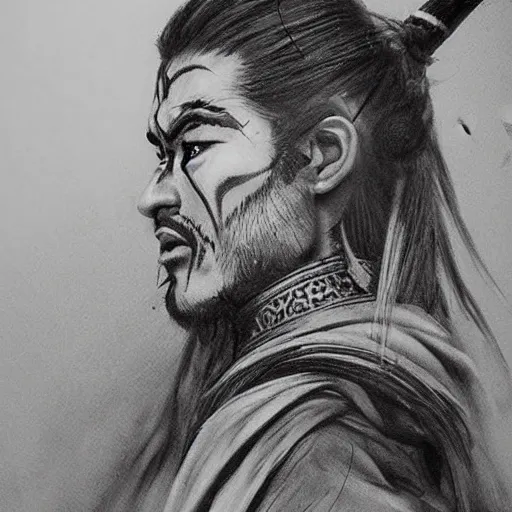 Image similar to Kurdish samurai, extremely detailed charcoal sketch, realistic, incredibly detailed, award winning art, cinematic, extremely high detail, concept art, 4k fantasy art, trending on artstation, full body shot