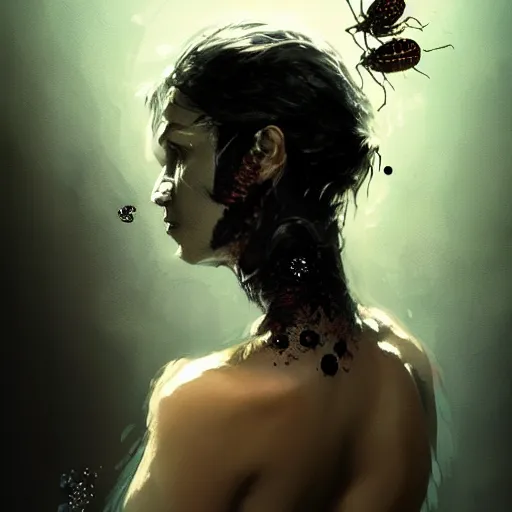 Image similar to portrait of a woman with black hair and insects coming out of her skin, trypophobia dramatic lighting, illustration by Greg rutkowski, yoji shinkawa, 4k, digital art, concept art, trending on artstation