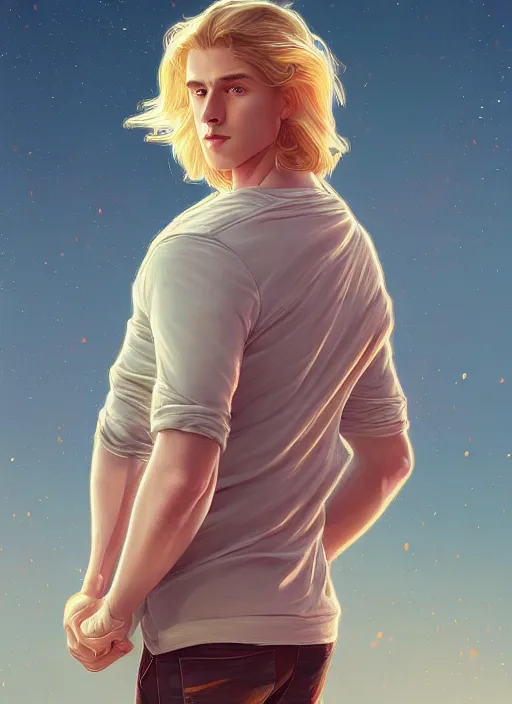 Prompt: handsome young man with shoulder length blond hair, half body shot, path traced, highly detailed, high quality, digital painting, alena aenami, lilia alvarado, shinji aramaki, karol bak, alphonse mucha, tom bagshaw