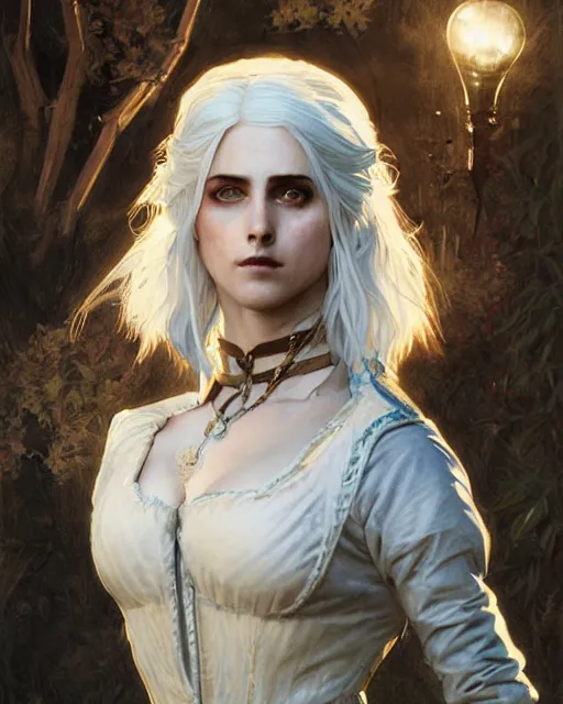 Image similar to Pre-Raphaelite Ciri from Witcher 3 by Artgerm and Greg Rutkowski, wearing haute couture by schiaparelli, sharp focus, sun rays, intricate, elegant, highly detailed, digital painting, pale