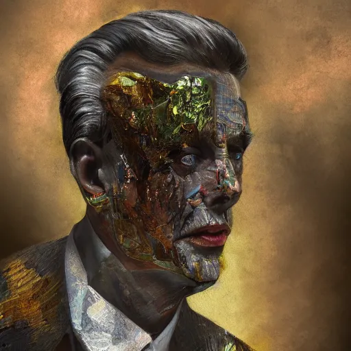 Prompt: a realistic octane render of steve buscemi, physically based rendering of chrome plated steve buscemi, trending on artstation, by archan nair and marlene dumas, intricate details, gilded, in the style of frank auerbach