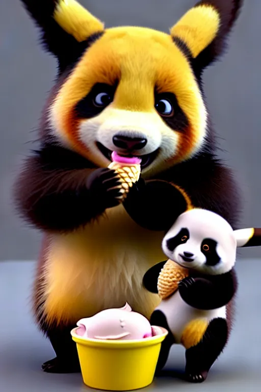 Image similar to high quality 3 d render hyperrealist very cute happy panda & fox hybrid eating ice cream, vray smooth, in the style of detective pikachu, very dramatic light, low angle, uhd 8 k, shallow depth or field