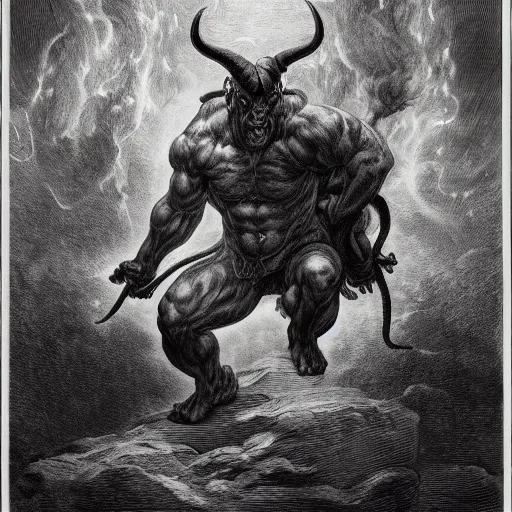 Image similar to full body grayscale drawing by Gustave Dore of muscled humanoid balrog beast with horns in heroic pose, swirling flames in background