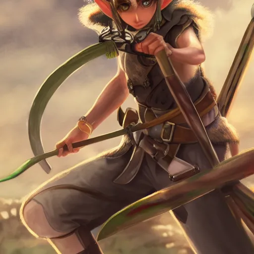 Image similar to a mixed media painting of a young elf archer aiming a bow at the camera close-up, WLOP, pixiv, 8k UHD