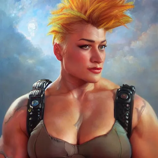 Prompt: detailed portrait of zarya from overwatch, intricate, hyper detailed, realistic, oil painting, by julie bell, frank frazetta, cinematic lighting